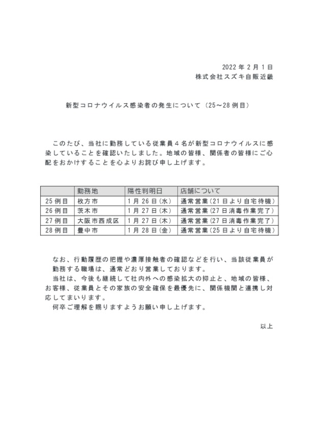 スズキ自販近畿よりお知らせ